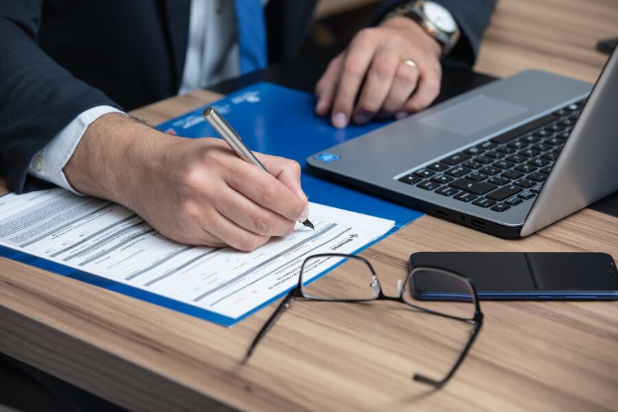 A close-up on a person hand-writing on a contract.